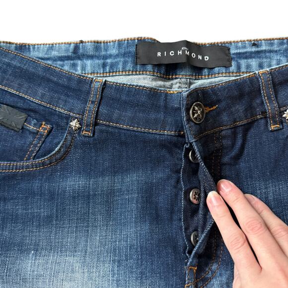 John Richmond Distressed Patched Slim Fit Jeans - Picture 9 of 13